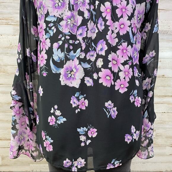 Nanette Lepore Zen Silk Floral Blouse Womens Size S Purple Black Bell Sleeve - Picture 12 of 16